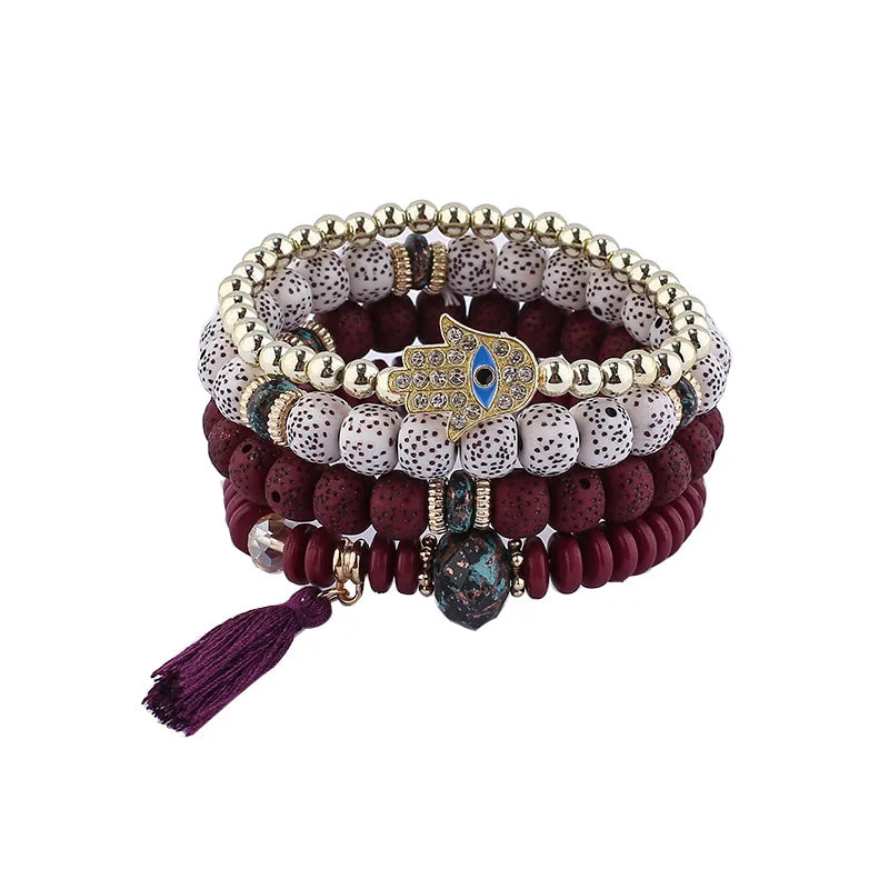 Hemasa  Evil Eye Tassel Bracelet Set For Women  / Stone Beads Chain Bangle Female Bohemian Jewelry Gift