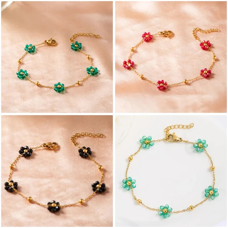 Sweet Multicolor Small Flower Charm Bracelet For Women Korean Summer Flower Gold Chain Small Gold Color Ball Adjustable Bracelet