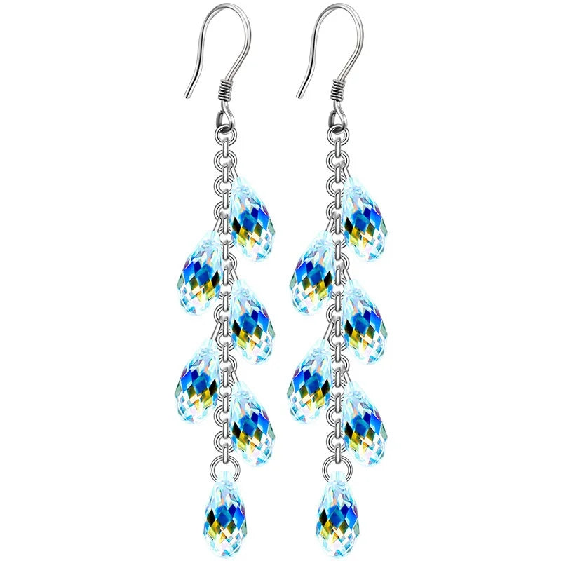 Luxury Silver Color Metal Inlaid Water Droplet Stone Hook Earrings 2023 Fashion Long Geometry Tassels Dangle Earrings for Women
