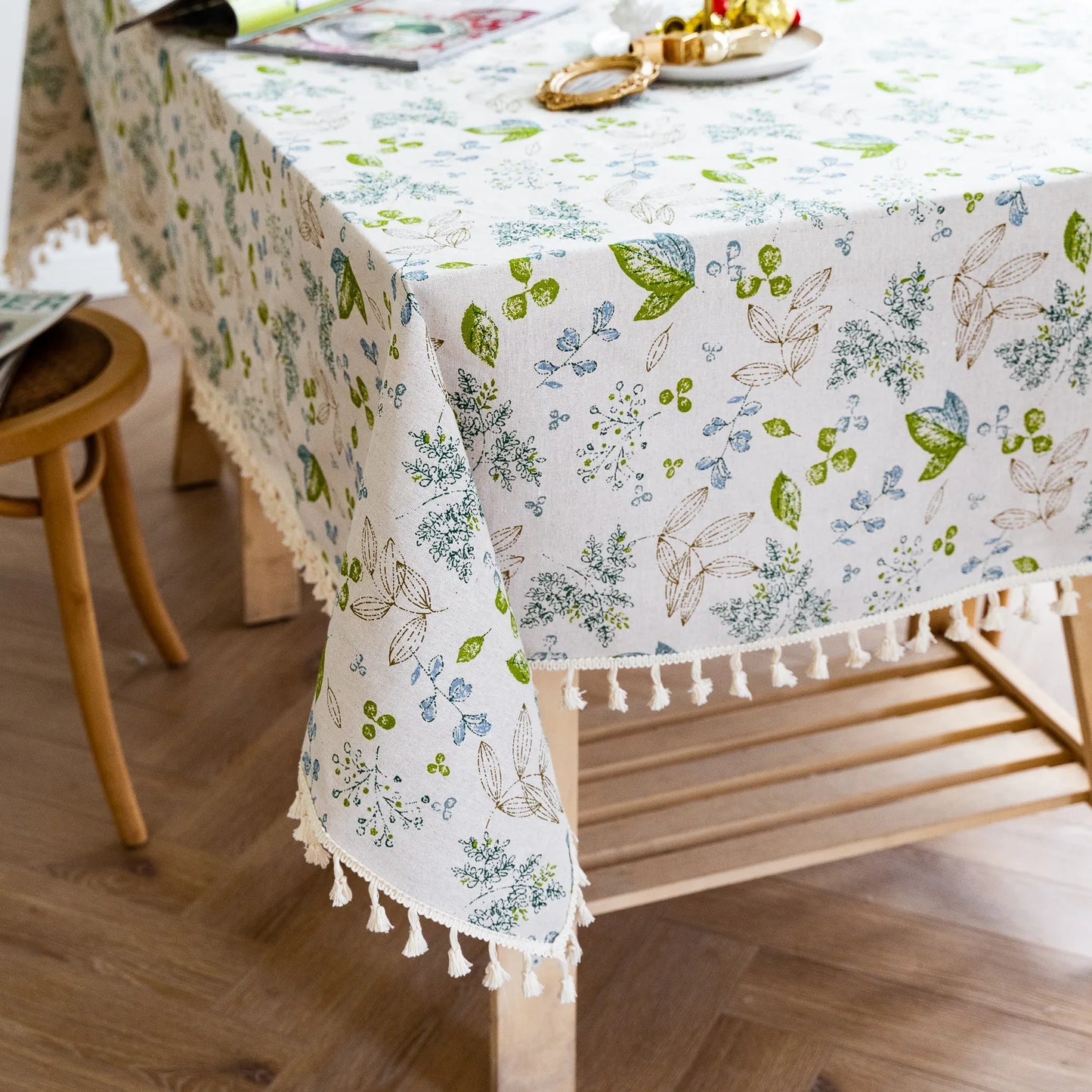 Cotton Linen Floral with Tassel Rectangular Table Cloth