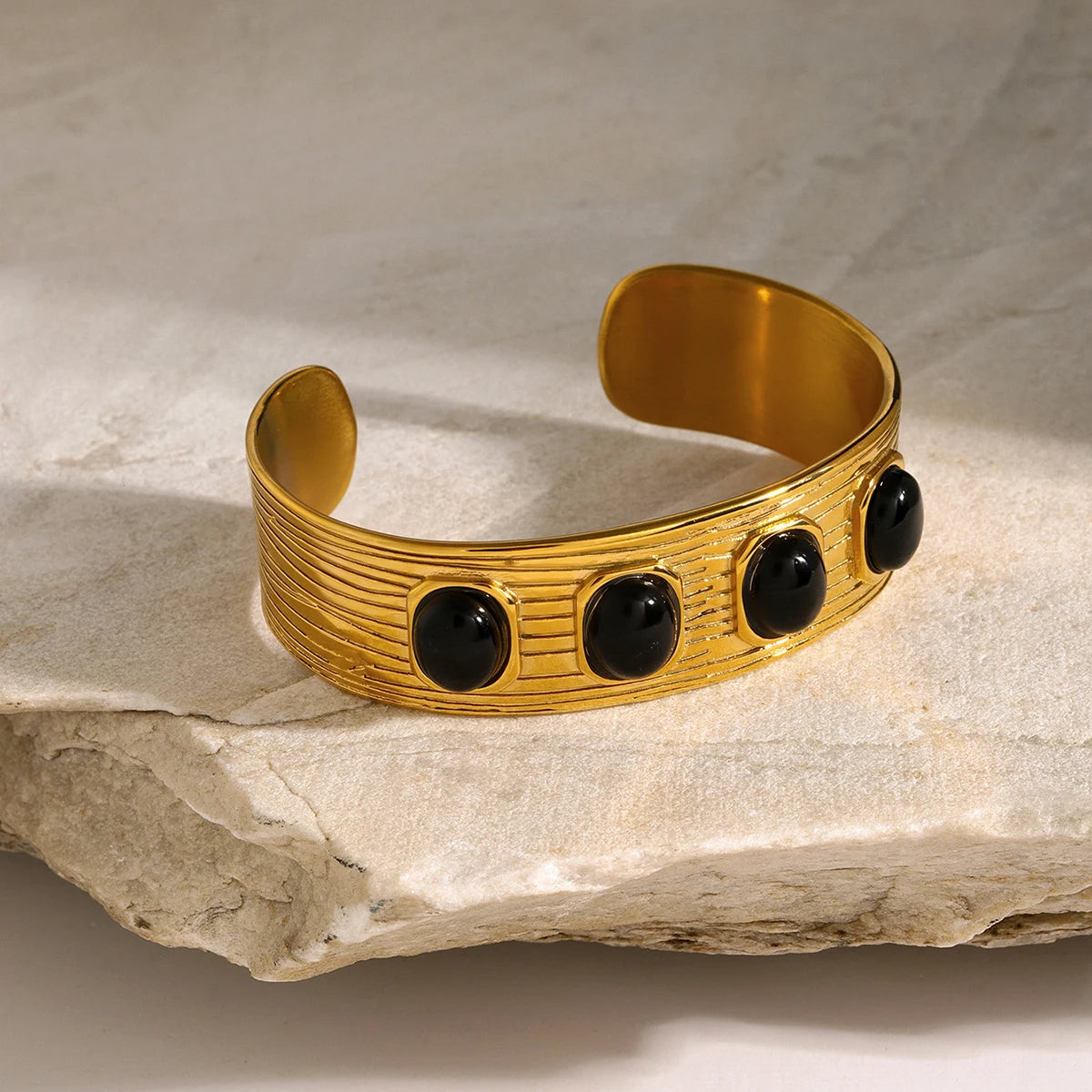 Hemasa  Wide Stripe Four Black Onyx Stones Inlaid Opening Bangle Bracelet
