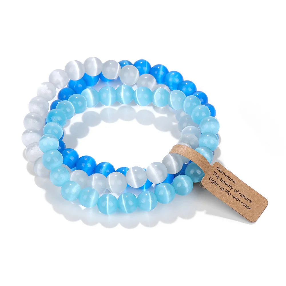 Hemasa Blue Cat Eye Beads  Bracelets /3Pcs/Set Natural Stone Amethyst Beads Bracelets /Multicolor Stretch Bangle Women