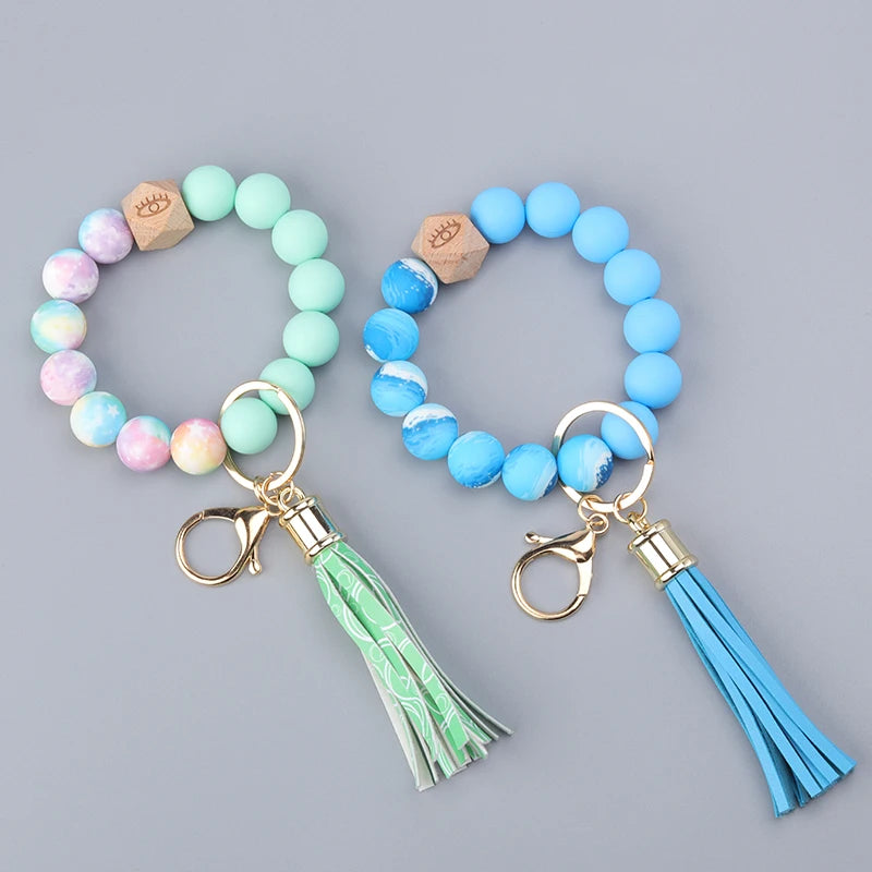 Colored Silicone Bead Bracelet PU Tassel Keychain Wristlet Bracelet Pendant Keychain Woman Man Jewelry Accessories Gifts