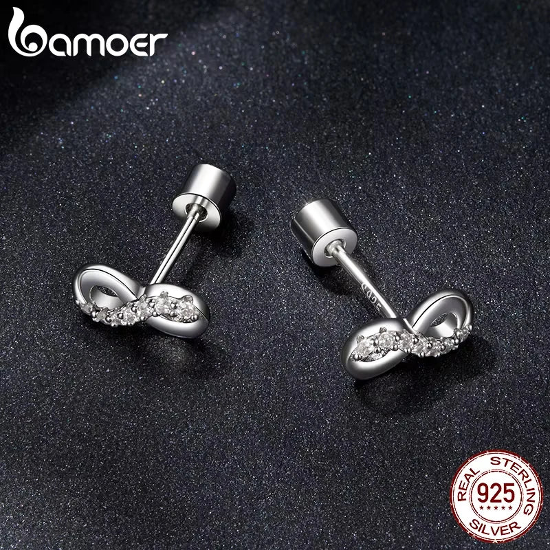BAMOER White Gold Plated Moissanite Infinite Love Earrings for Women, 925 Sterling Silver Elegant Studs Huggies Christmas Gift