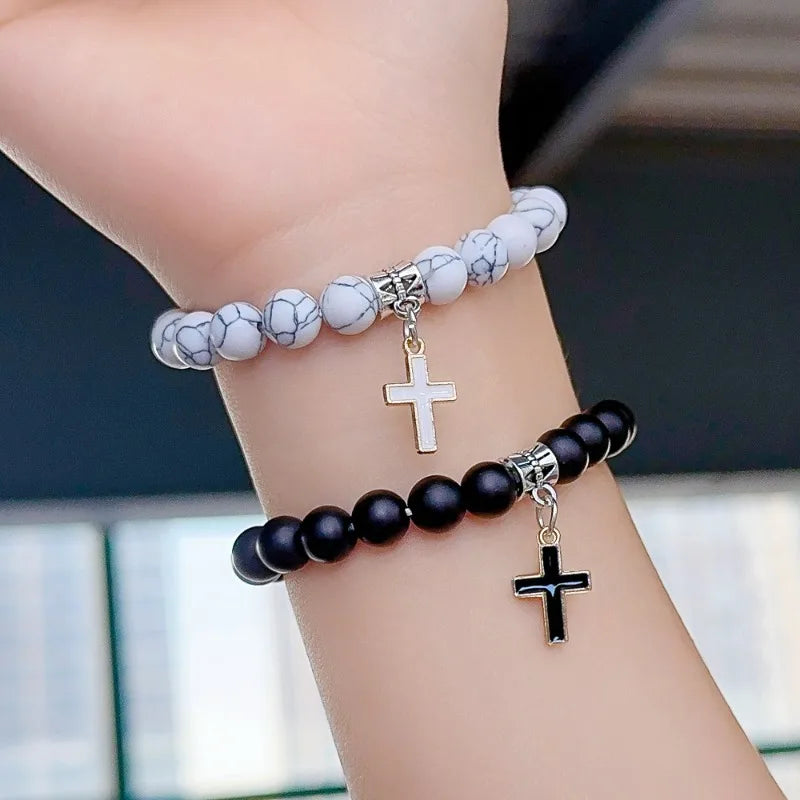 Couple Charm Natural Stone Bracelet Cross Black Lava Matte Beaded Bracelets Handmade Men Women Prayer Fitness Chain Jewelry Gift