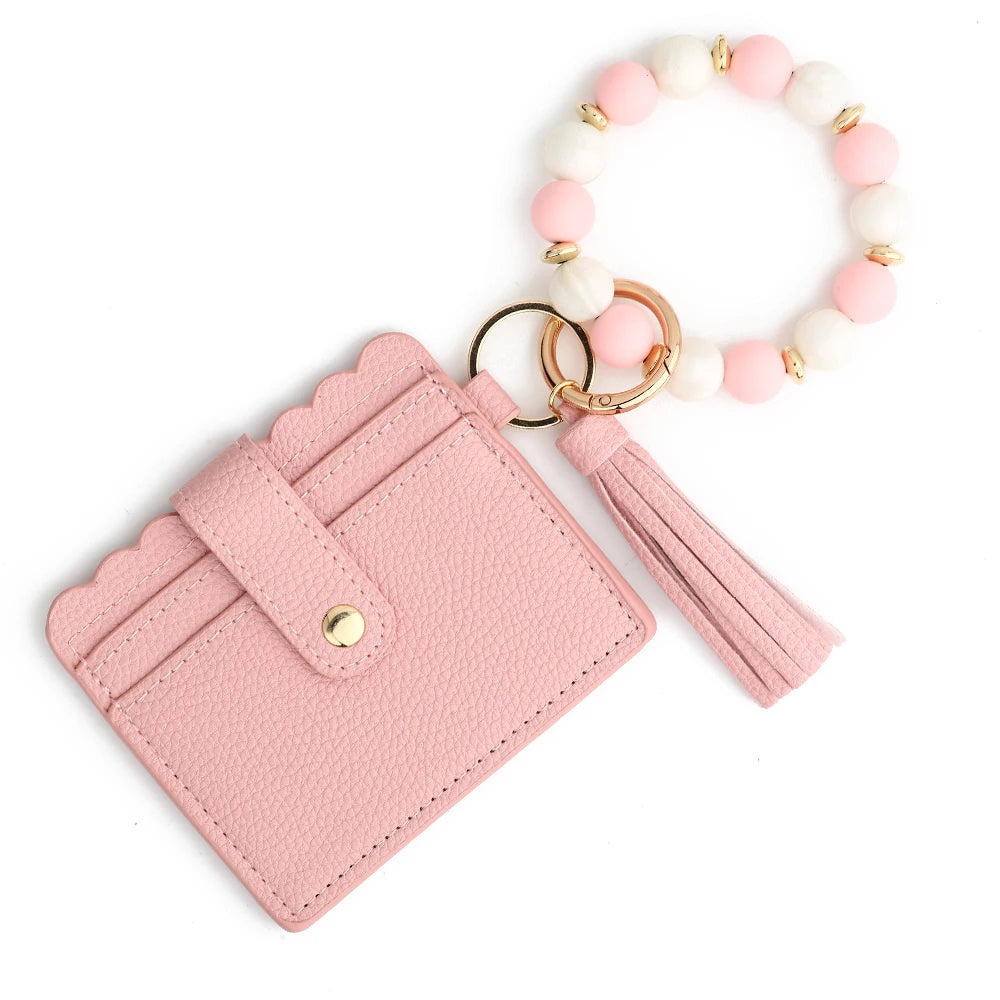Hemasa Silicone Bead Bracelet  Leather Card Bag Wristlet Keychain Silicone Beaded Bracelet Leather Tassel Wallet Bangle