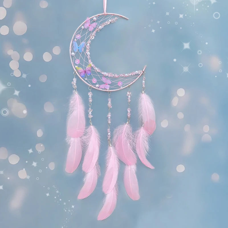 Hemasa  Pink Feather Butterfly Wind Chimes Dream Catcher Handmade Living Room Hanging Ornaments Wall Pendant Festival Party Gifts