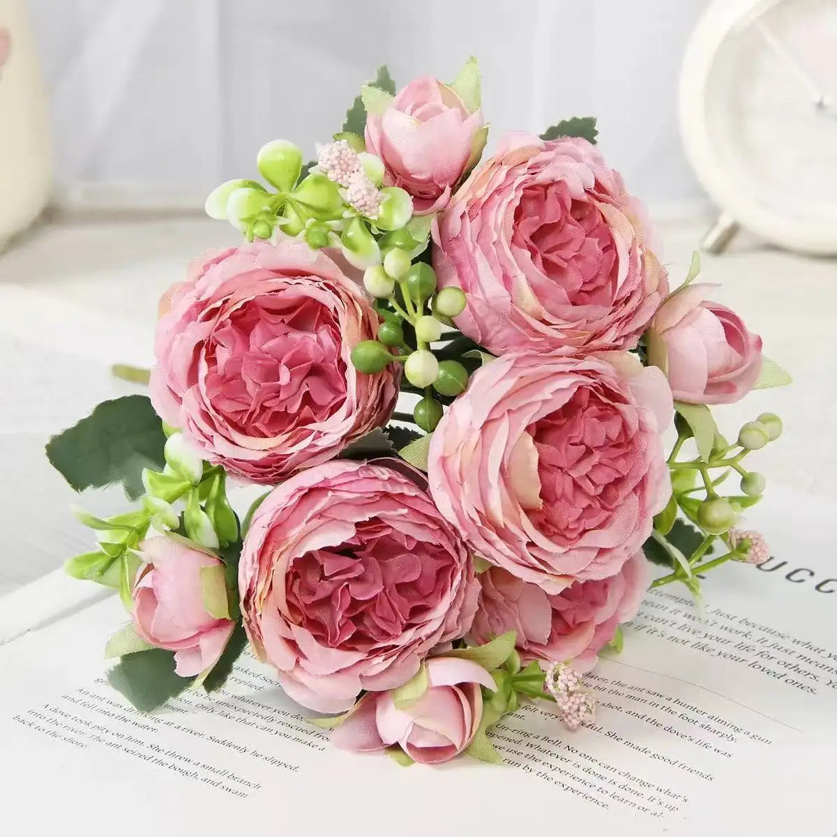 30cm Rose Pink Silk Peony Artificial Flowers Bouquet 5 Big Head and 4 Bud Cheap Fake Flowers for Home Wedding Decoration indoor