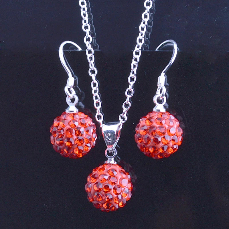 Brand Female Jewelry Set Women's Fashion Ab White Crystal 10mm Ball Drop Earrings Necklace Pendant Set Silver Color Wholesale