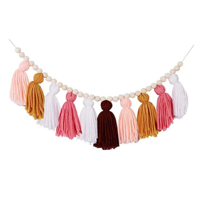 Nordic Style Hand-woven Wooden Beads String Wool Tassel  Home 2023 New Style Children's Kid Room Decoration Wall Hangings Decor