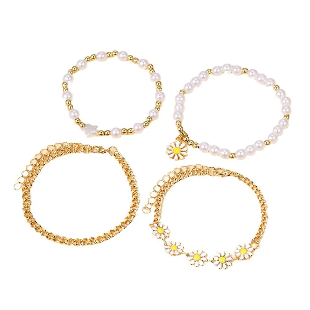 Hemasa 4pcsmall Daisy Flower Pendant Faux Pearl Bracelet Set for Women