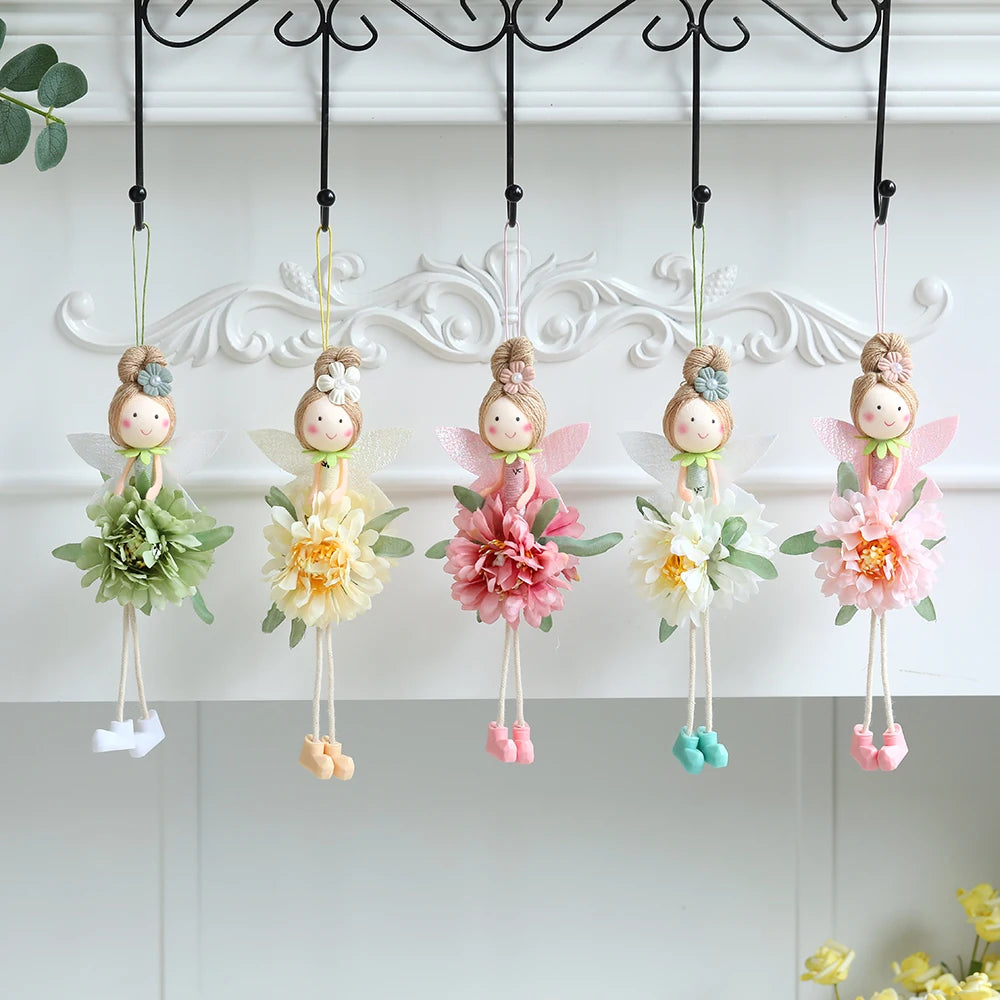 New Plush Flower Fairy Bunny Rabbit Dolls Hanging Ornaments Pink White Yellow Green Kids Girls Gifts Easter Home Decor