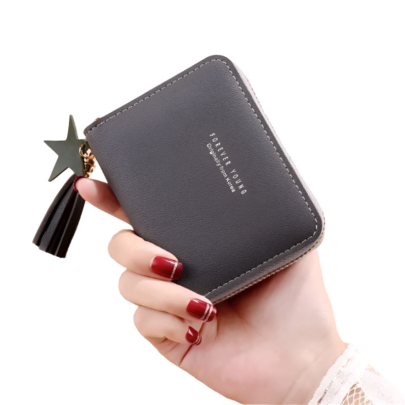 Hemasa PU Zipper Short Wallet Women Little Star Tassel Pendant Multi-card Slots Card Wallet Coin Purse