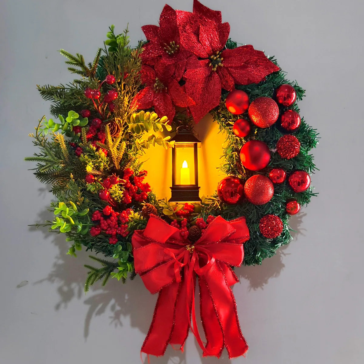 45cm Red Wreath With Lamp For Front Door Red Ball Flower Garland Xmas Ornament Window Wall Hanging Decor Christmas Decorations