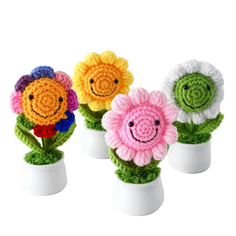 Hemasa Crochet Sunflowers Pot Creative Knitted Flowers Artificial Flower Hand Woven Finished Plant Car Desktop Decor Gift