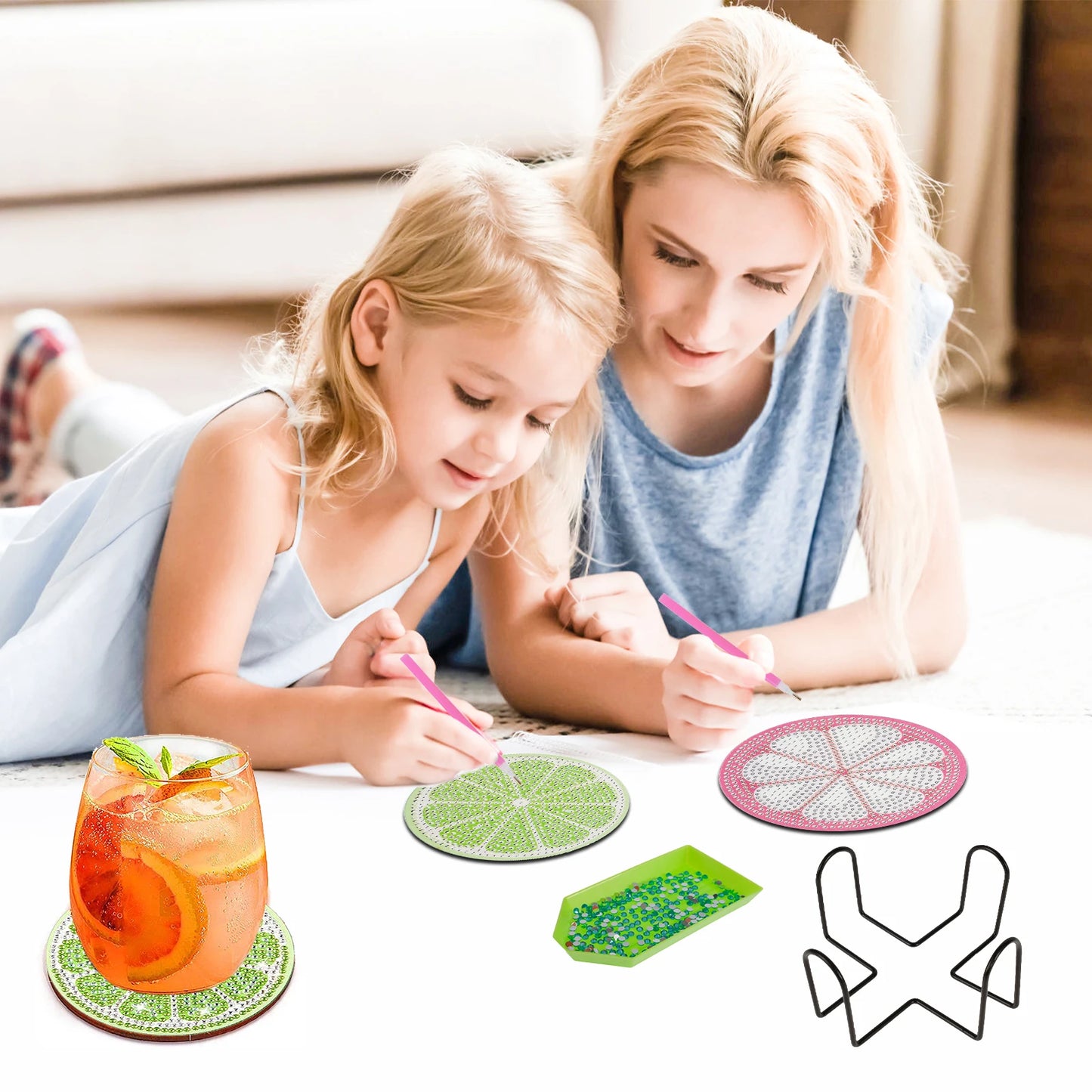13Pcs Diamond Painting Coasters Kit Decorative Fruit Pattern Art Cup Coaster with Holder Round Small Tabletop Protection Coaster