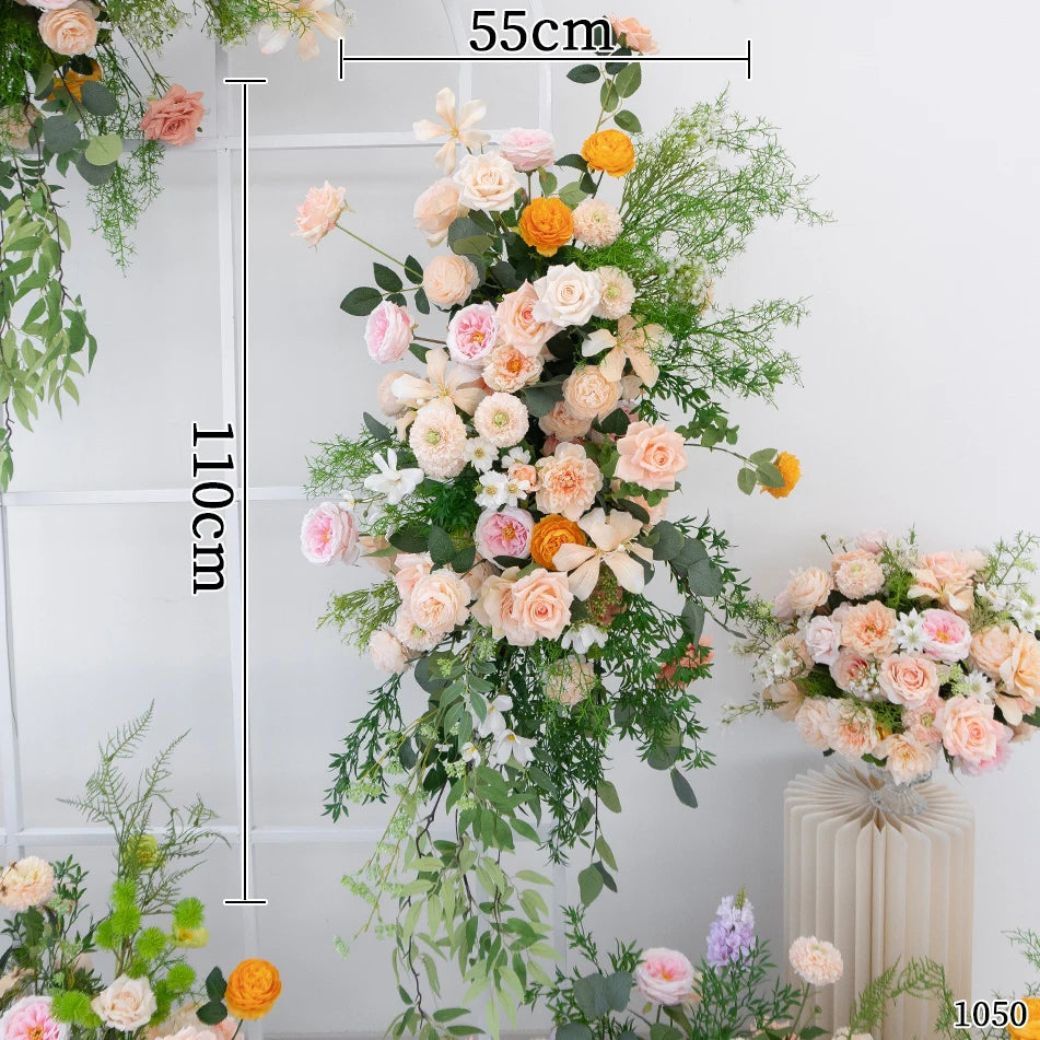 Luxury Champagne Rose Peony Green Leaf Table Runner Floral Event Road Lead Floor Flower Wedding Arch Deco Flower Row Arrangement