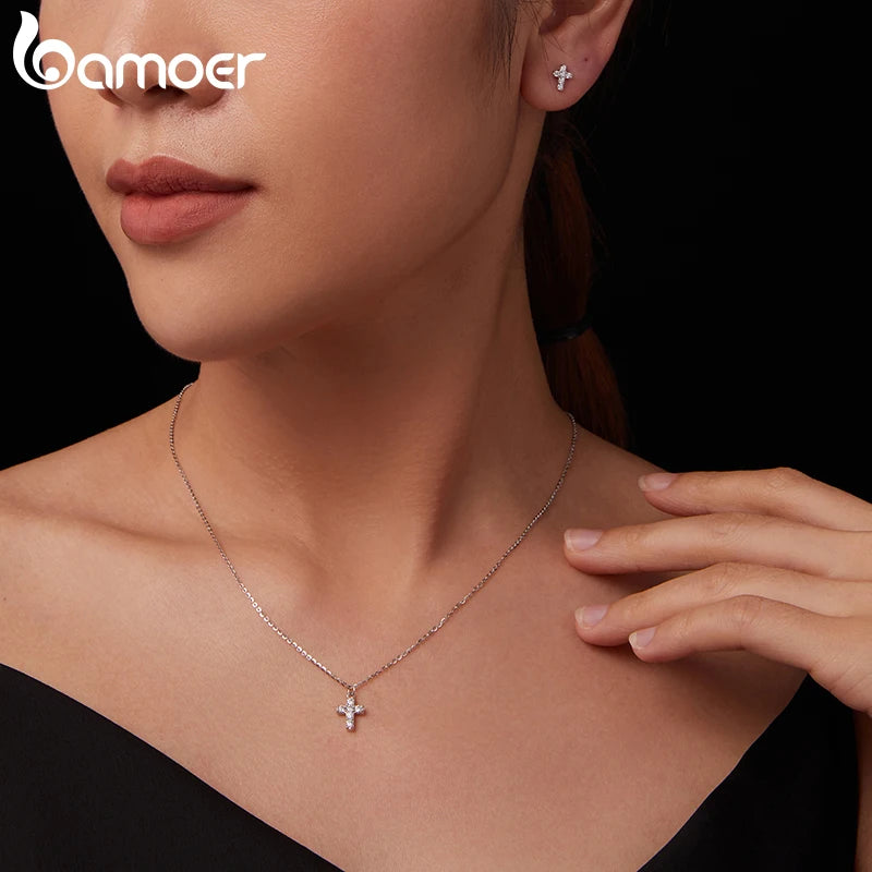BAMOER White Gold Plated Moissanite Cross Necklace for Women, 925 Sterling Silver Small Religious Faith Cross Necklace Xmas Gift