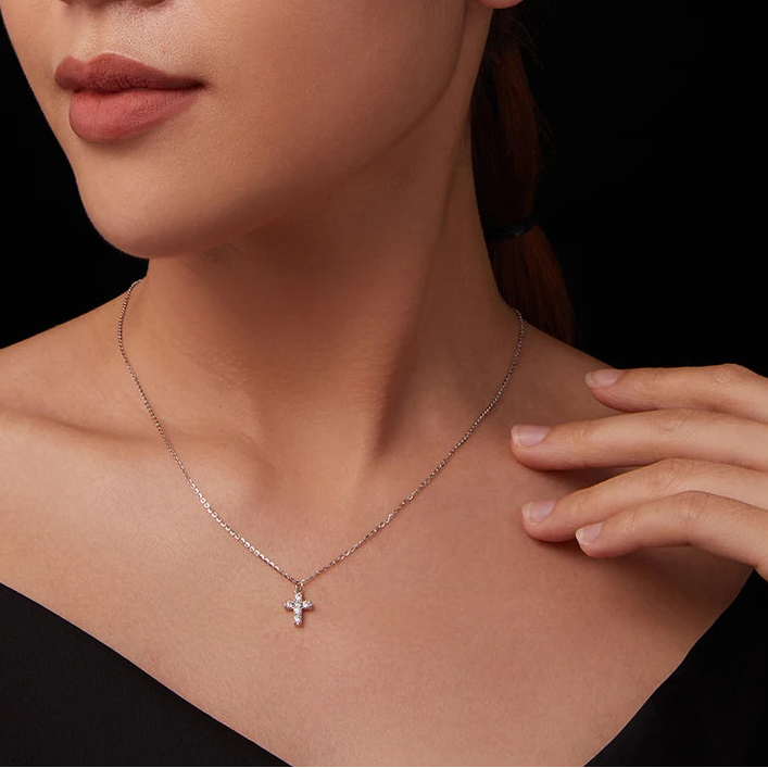 Tejesa White Gold Plated Moissanite Cross Necklace for Women, 925 Sterling Silver Small Religious Faith Cross Necklace Xmas Gift
