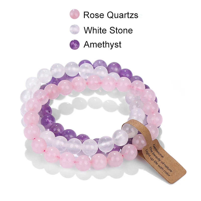 Heamsa  Cat Eye Beaded Bracelets /3Pcs/Set Natural Stone Amethyst Beads Bracelets/ Multicolor Stretch Bangle Women Yoga Wrist Jewelry