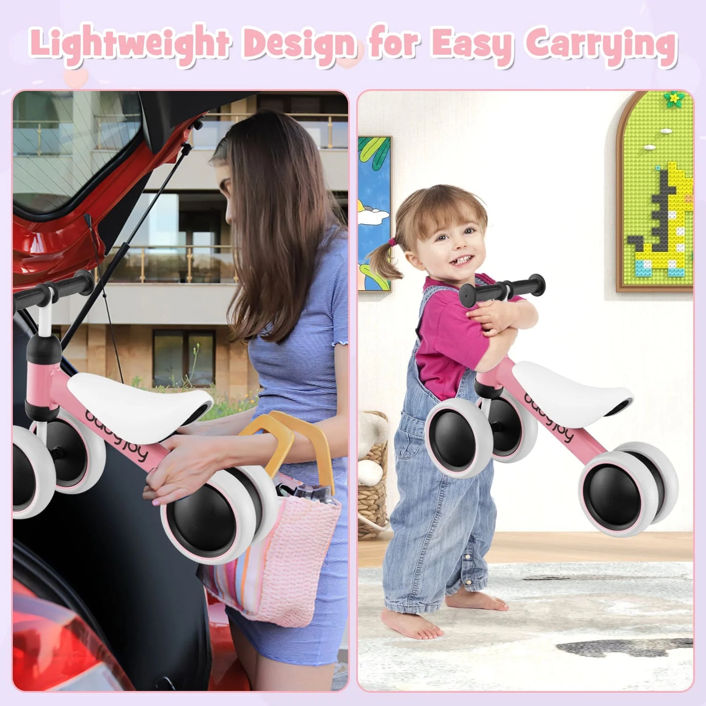 Baby Balance Bike No Pedal Infant 4 Wheels Bicycle-Pink