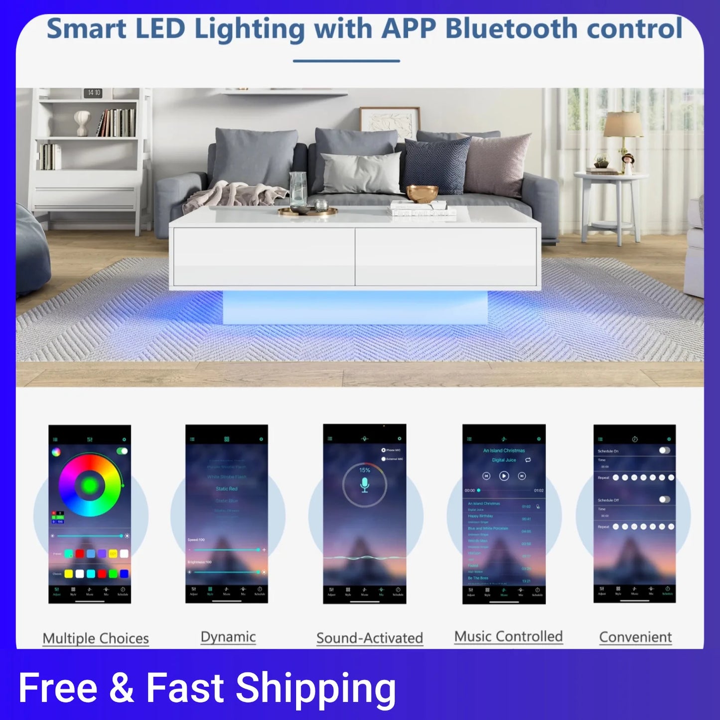 Smart LED Lighting with APP Bluetooth Control Tea Table , White High Gloss Coffee Table With 2 Drawers, Modern Rectangular Table