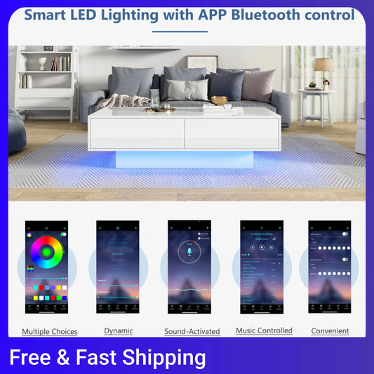 Smart LED Lighting with APP Bluetooth Control Tea Table , White High Gloss Coffee Table With 2 Drawers, Modern Rectangular Table
