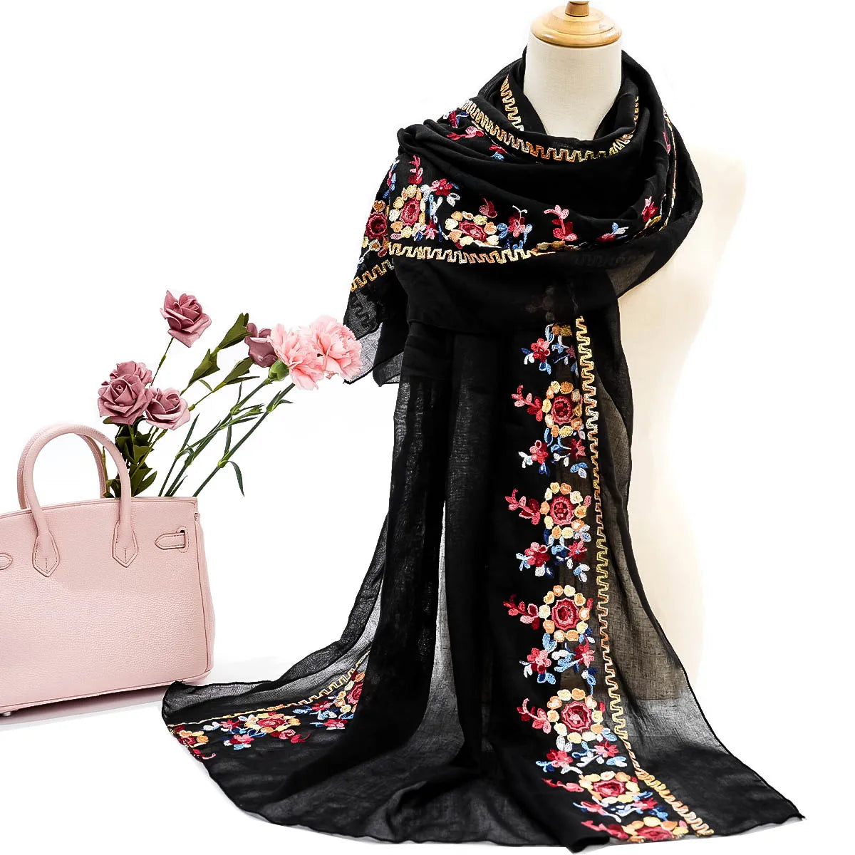 A women's fashionable embroidered embroidered soft edged thin scarf shawl