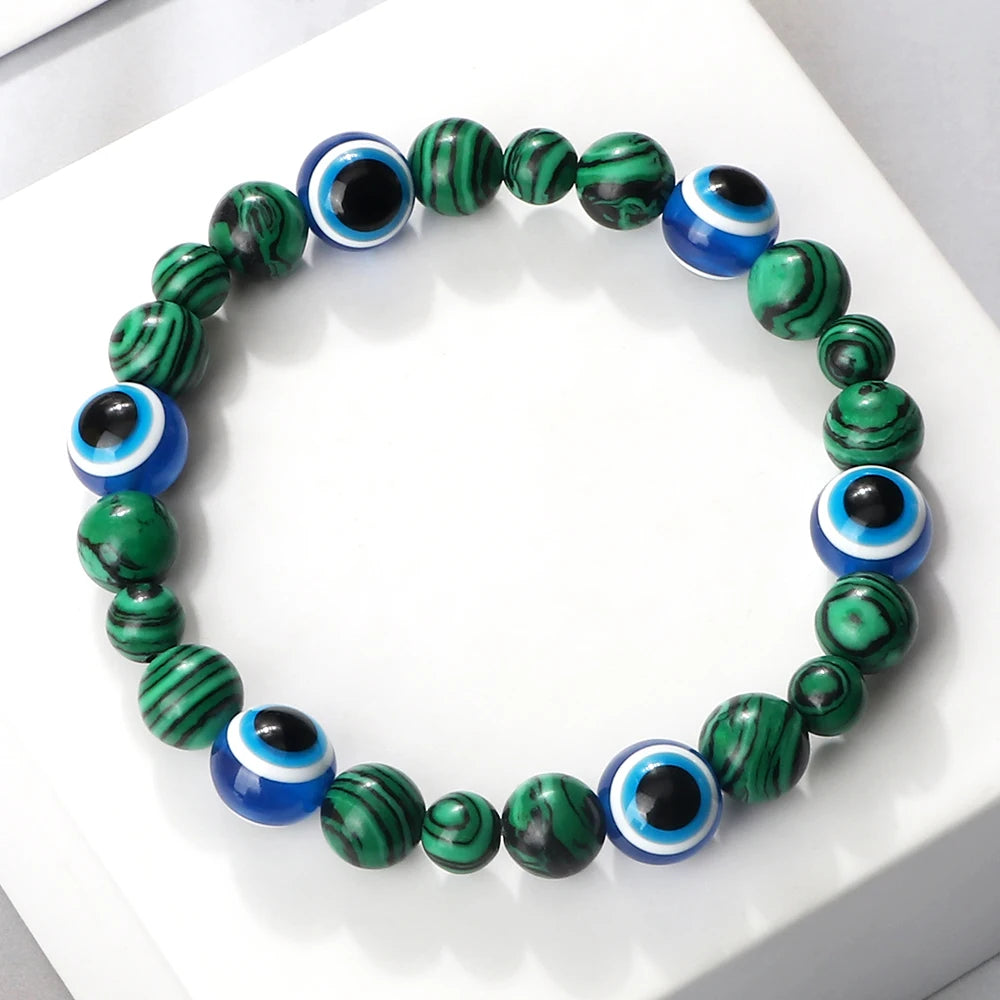 Blue Evil Eye Beaded Bracelets Natural Cat Eye Stone 6 8mm Opal Men Bangles Adjustable Women Bracelet Lucky Yoga Jewelry Gifts