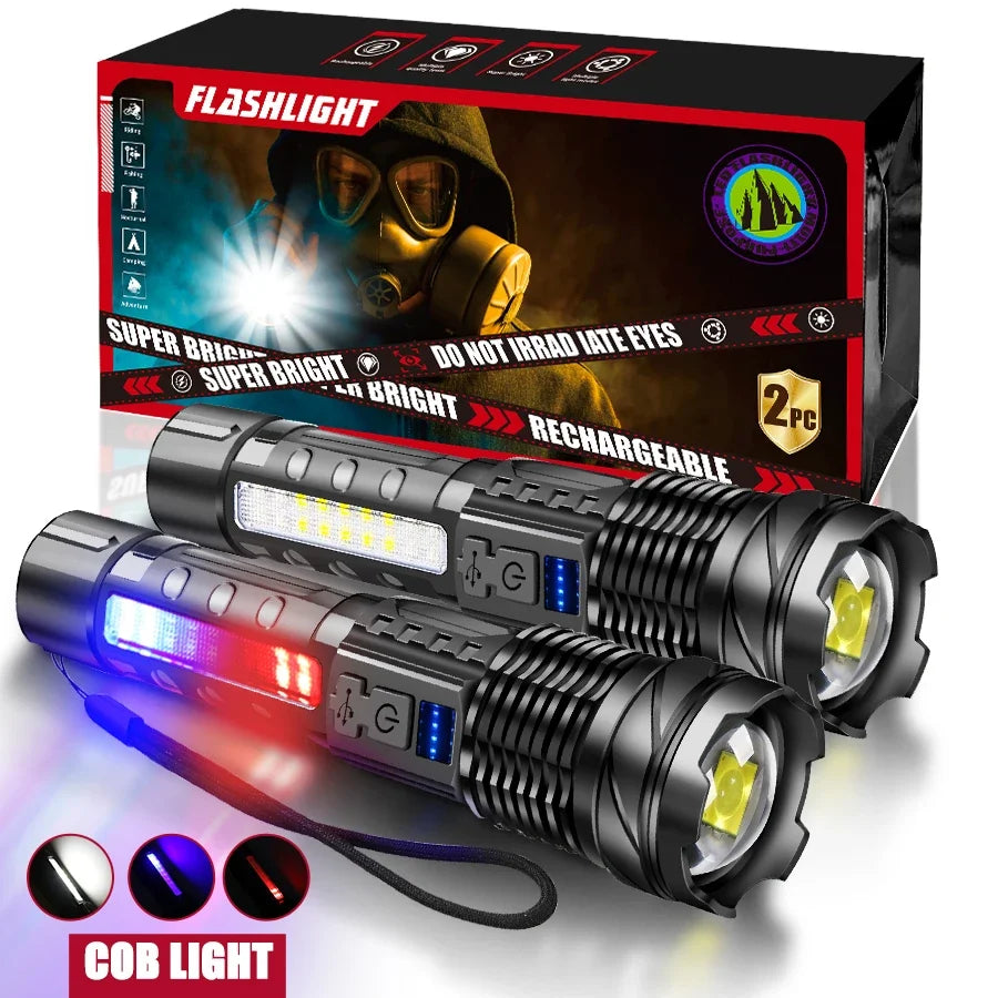 Super Bright LED COB Flashlight USB Rechargeable Torch with 7 Lighting Modes Telescopic Zoom Lantern for Outdoor Camping Hiking