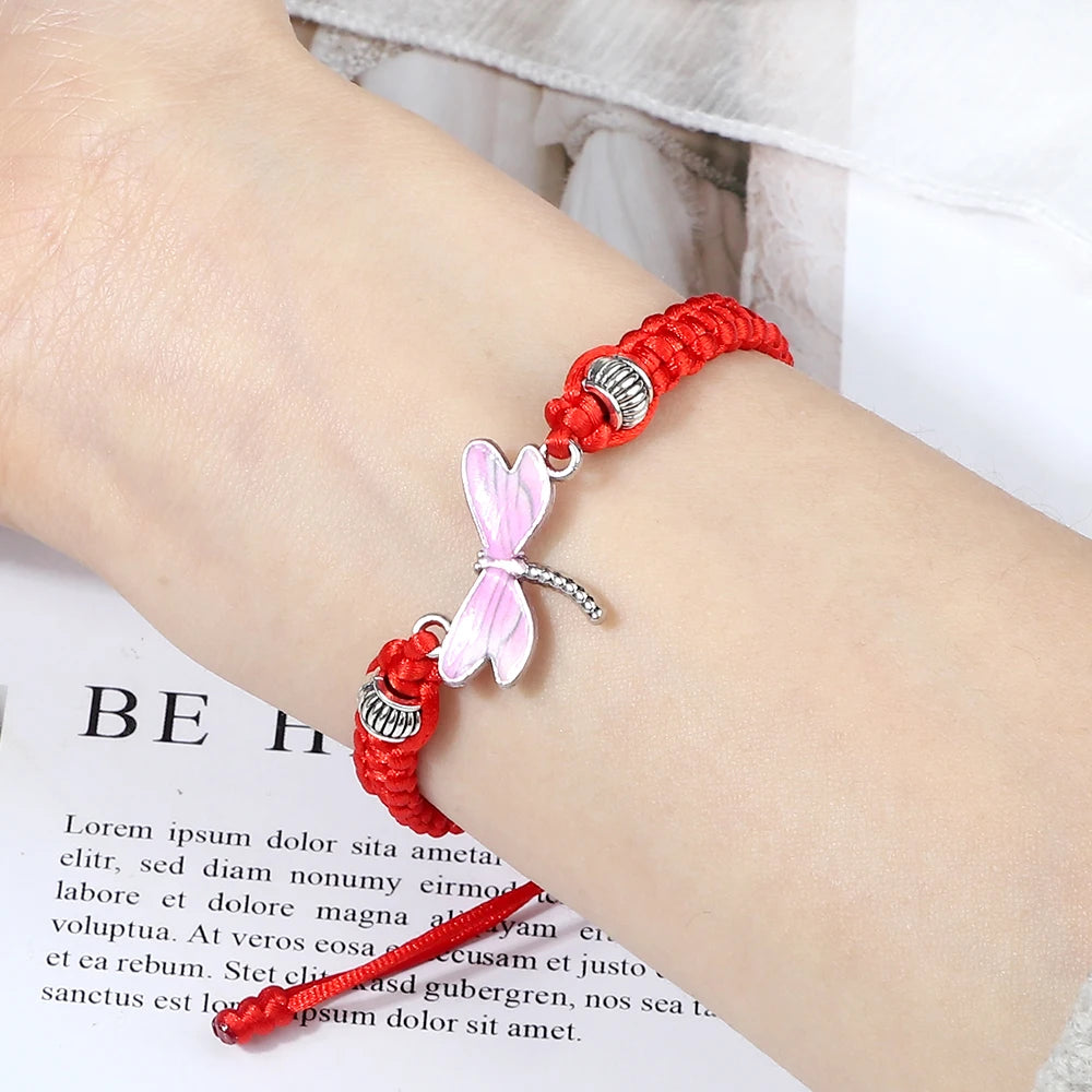 Handmade Weave Lucky Rope Bracelets For Women Pink Dragonfly Pendant Bracelets Men Adjustable Size Bangles Couples Wrist Jewelry