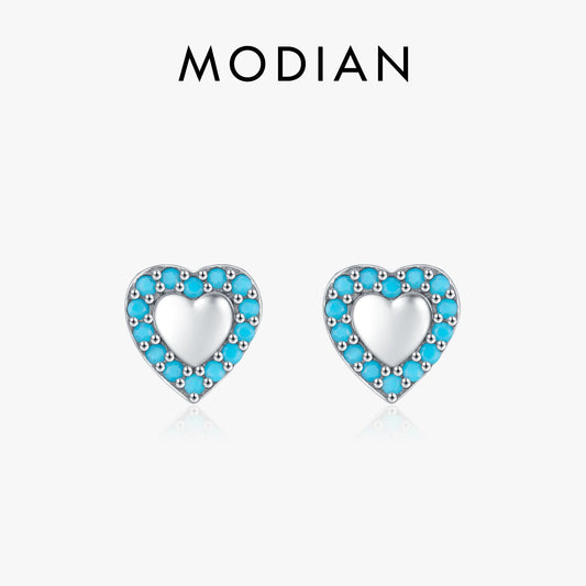 MODIAN 925 Sterling Silver Small Hearts Vintage Turquoise Stud Earrings Classic Stackable Fine Jewelry For Women Gifts