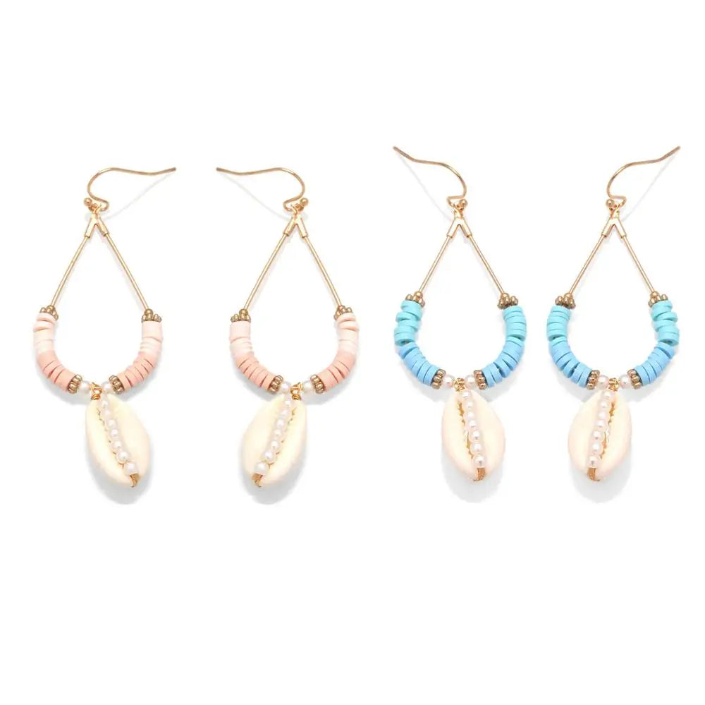 Hemasa Boho Polymer Clay Heishi Beads Cowrie Seashell Hook Earrings Women Girl (Set of 2)