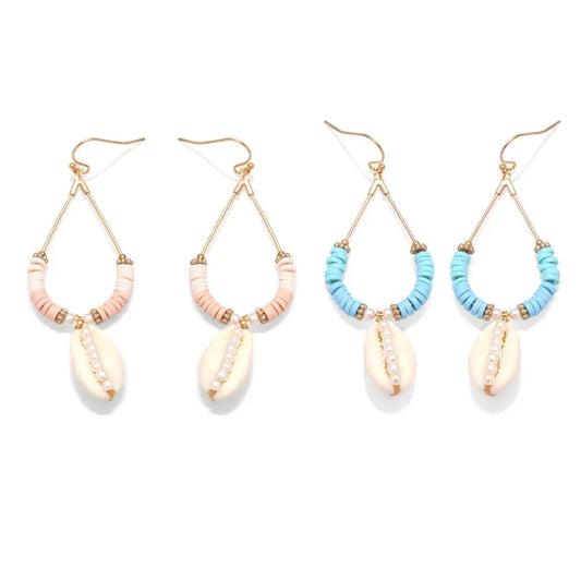 Hemasa Boho Polymer Clay Heishi Beads Cowrie Seashell Hook Earrings Women Girl (Set of 2)