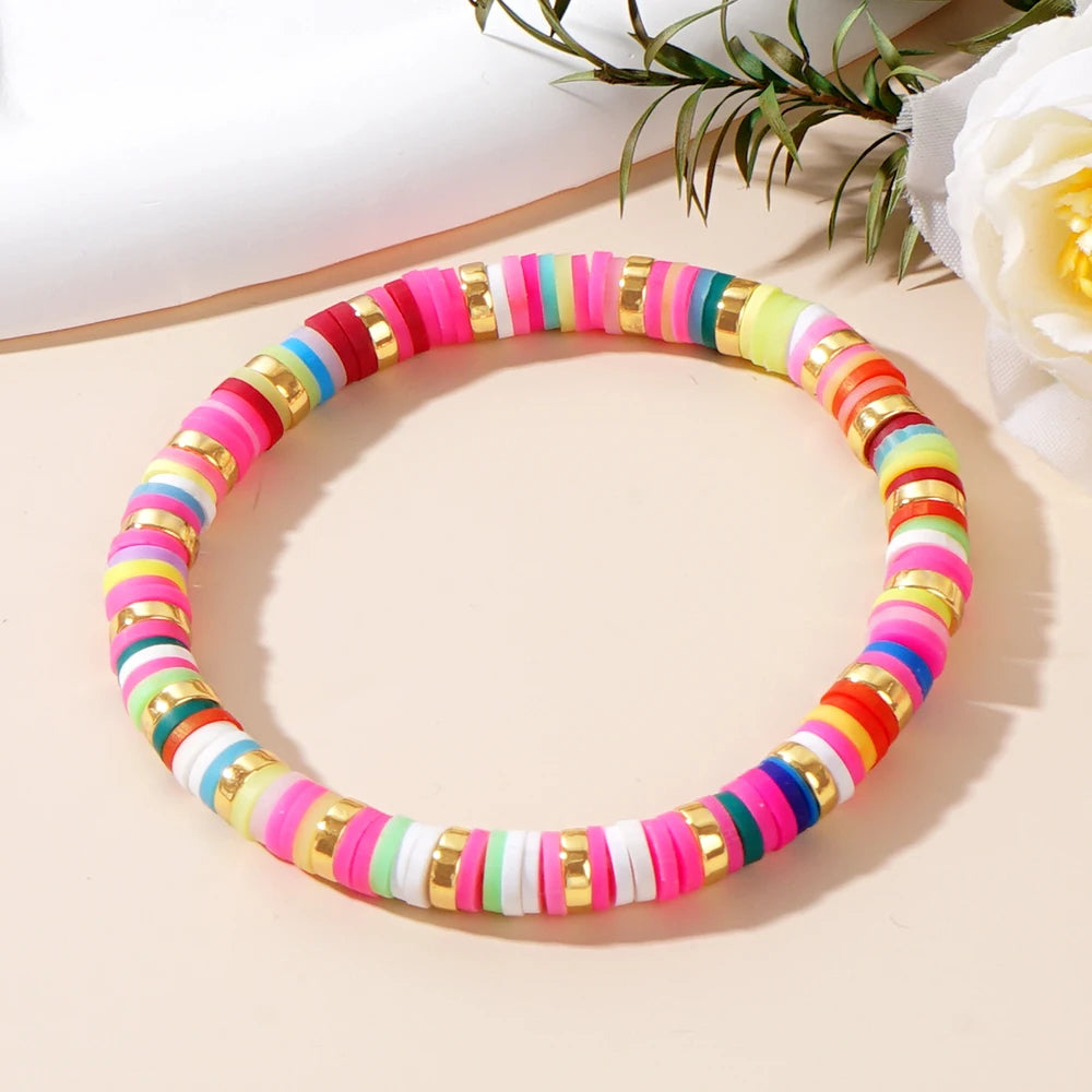 Hemasa Multi Colour  Polymer Clay  Beads Bracelet  with Gold  Disc for Women