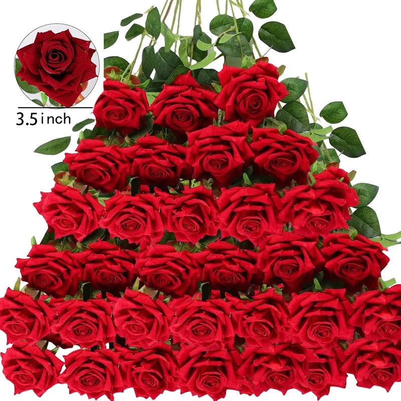 Tejesa 50 Pcs Velvet Rose Artificial Rose Flowers Real Touch Fake Roses Florals for Valentine's DIY Wedding Bouquet Party Home Decor