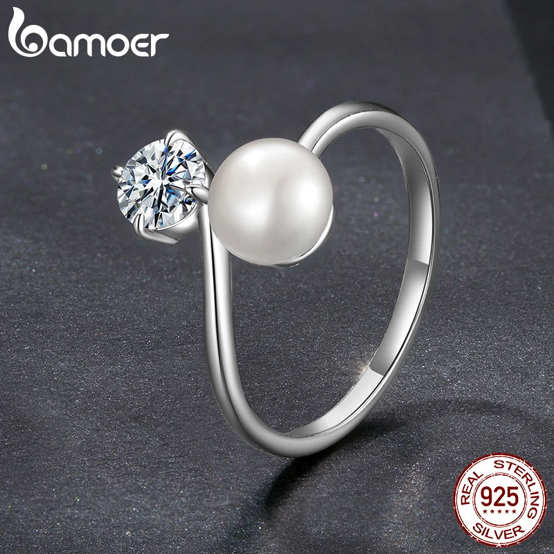 BAMOER 0.5CT Freshwater Pearl Moissanite Open Ring for Women, 925 Sterling Silver Elegant Anniversary Statement Natural Gift