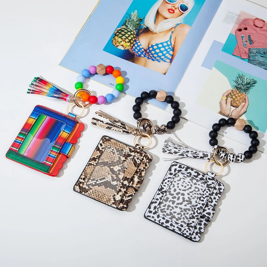 Hemasa   Silicone Beads Wristlet Bracelet Wallet with  Luxury Tassel  Bead Keyring Card Holder Purse