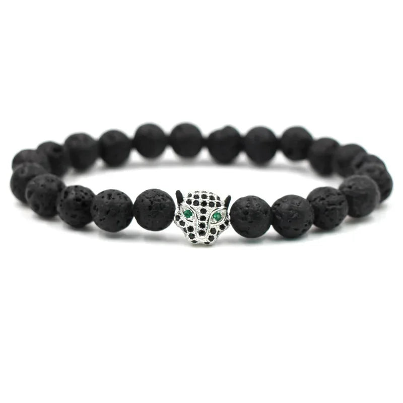 Classical Natural Black Volcanic Lava Stone Bracelet Pave CZ Leopard Head Bracelets Bangles For Men&Women Friend Charm Jewelry