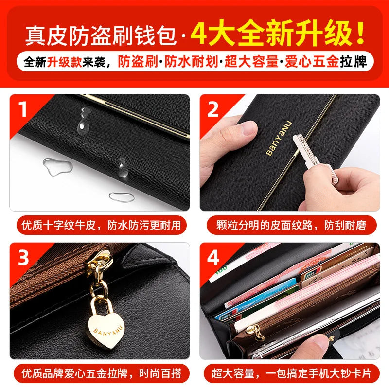 Fashion Ladies Genuine Leather Wallet RFID Long Clutch Purse for Women Multi Card Holder Triple Fold Skin Phone Money Clip 2023