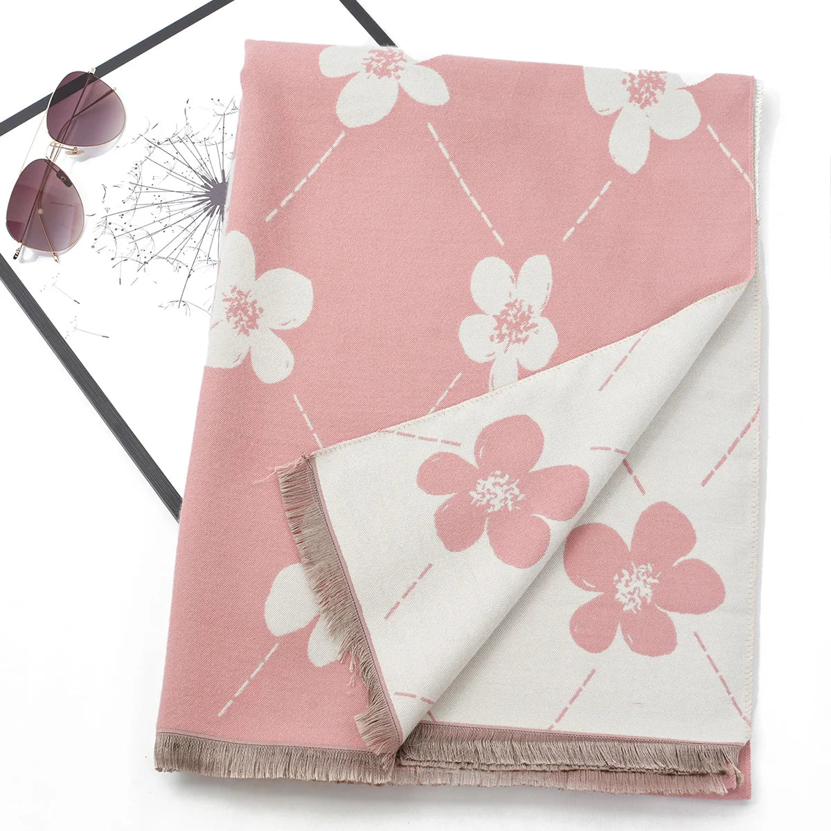 Hot selling imitation cashmere face dual color flower jacquard pashmina long style soft and warm casual short beard scarf shawl