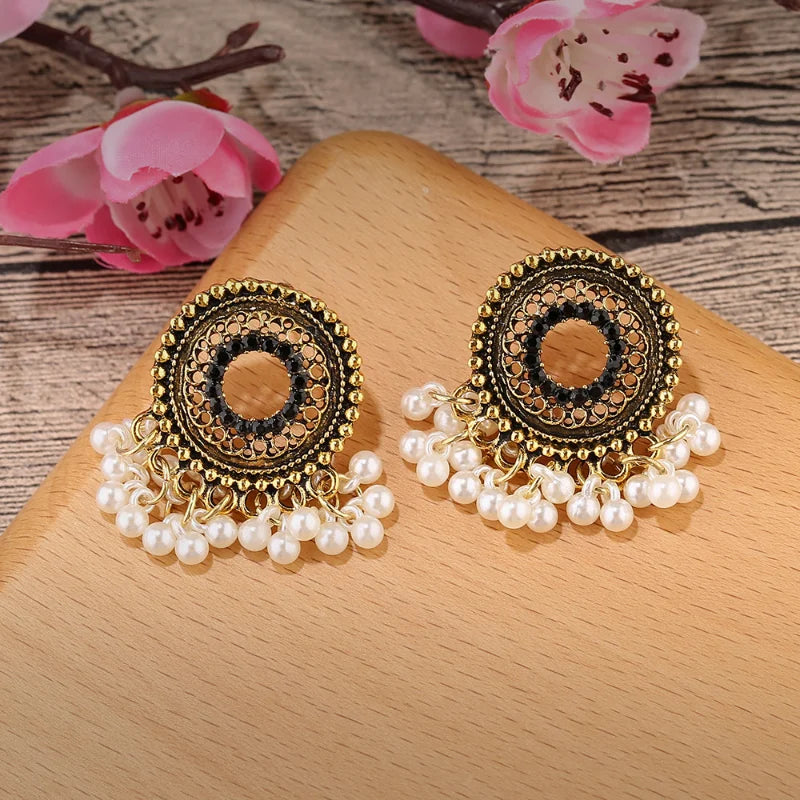 Hemasa Gold Color Alloy Indian Earrings Egypt Jewelry Ethnic Women's Pearls Tassel Round Hollow Jhumka Earring Oorbellen