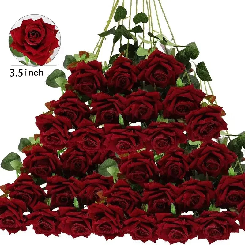 Tejesa 50 Pcs Velvet Rose Artificial Rose Flowers Real Touch Fake Roses Florals for Valentine's DIY Wedding Bouquet Party Home Decor