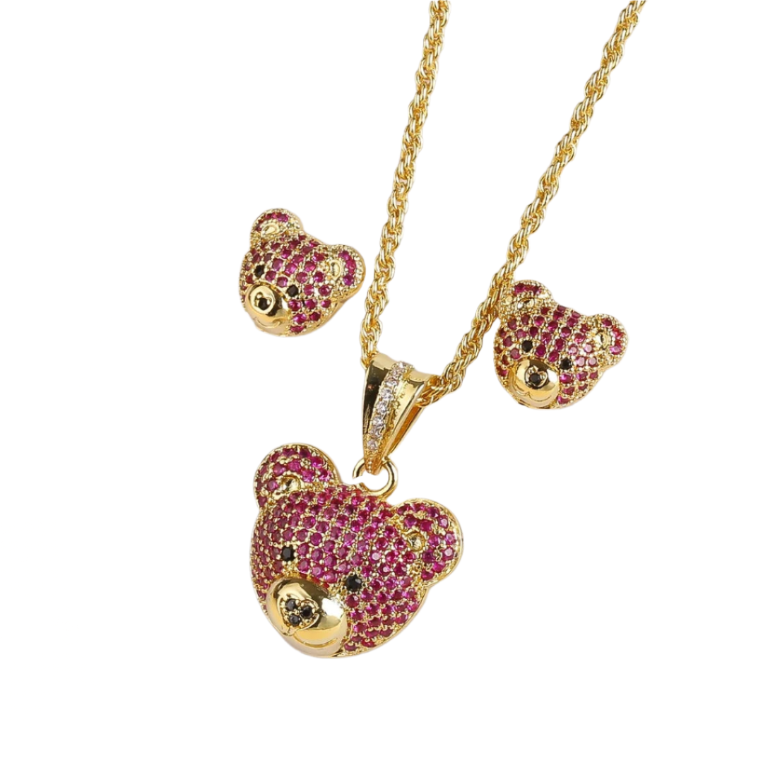 Hemasa  Gold Colour Cubic zirconia bear stud necklace