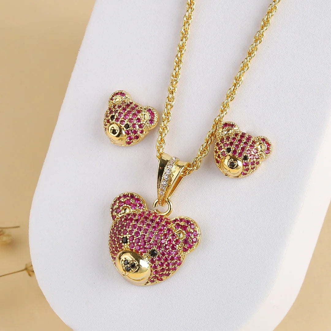 Hemasa  Gold Colour Cubic zirconia bear stud necklace