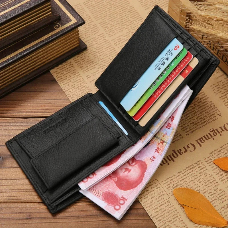 Genuine Leather Men Wallet Cowhide Wallets For Man Quatlity Case Concise Short Black Credit Card Cash Receipt Holder Purse