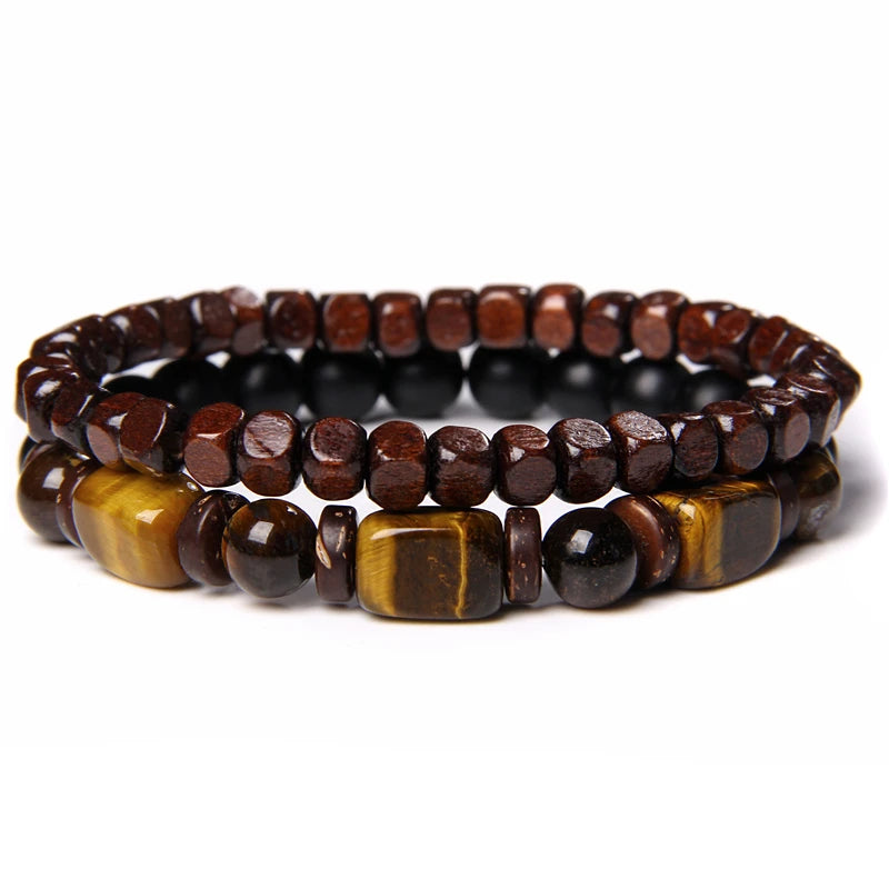 2pcs/set Beaded Bracelet Natural Stone Tiger Eye Hematite Beads Bracelet Men Energy Elastic Rope Bracelet Jewelry Couples Gifts