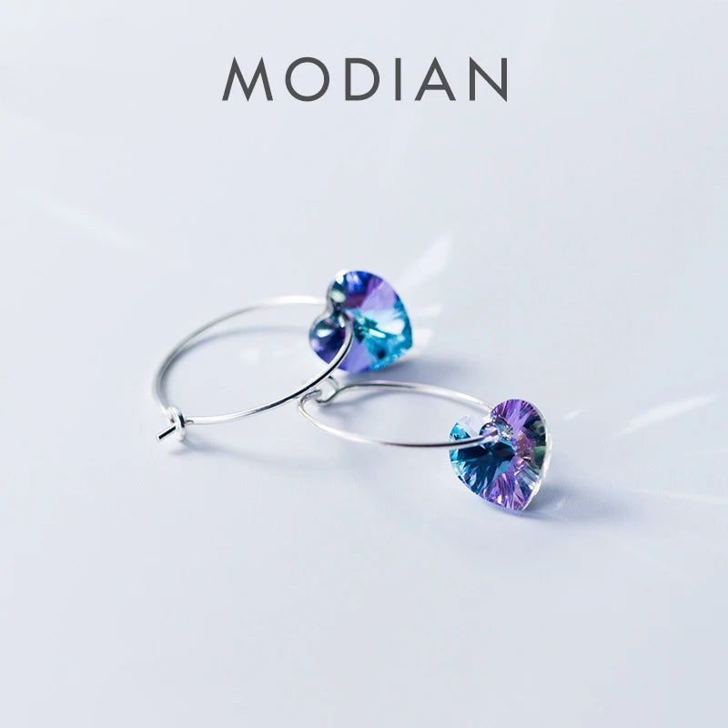 Modian Sparkling Blue Crystal Swing Hoop Earrings For Women Classic Heart 925 Sterling Silver Luxury Jewelry Female Accessories