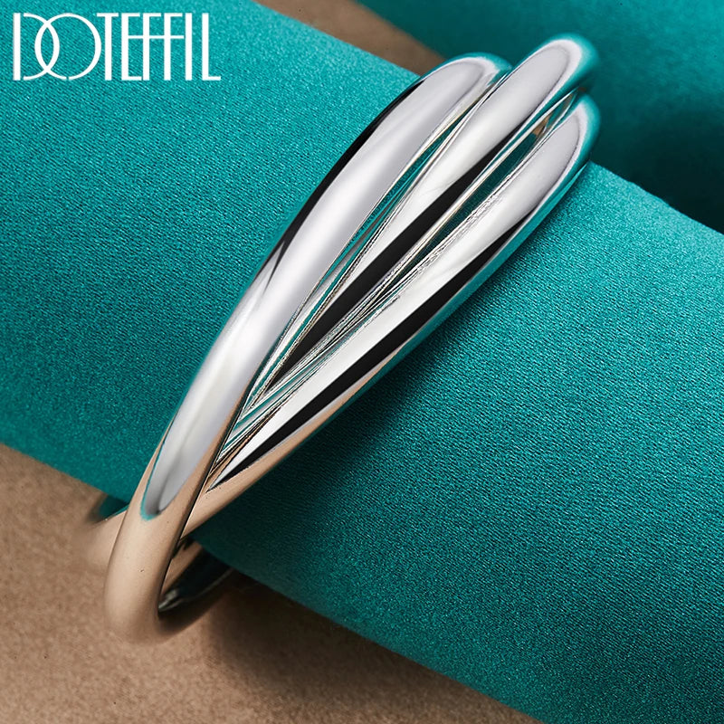 DOTEFFIL 925 Sterling Silver Three Lines Smooth Bangle Bracelet For Women Man Fashion Wedding Engagement Party Jewelry