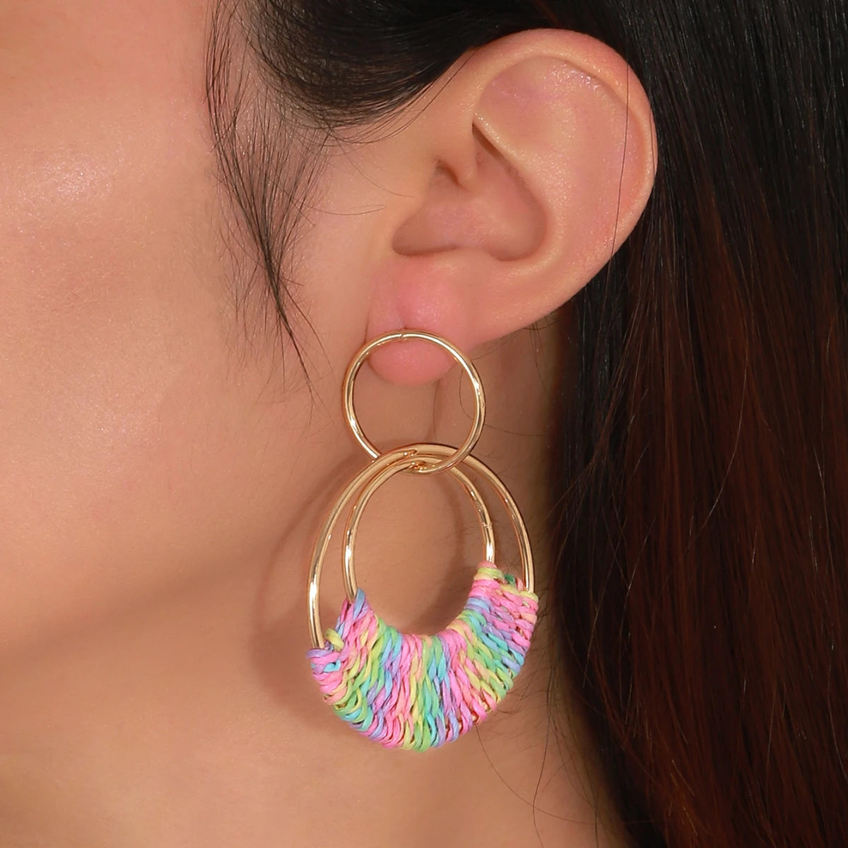 Boho Handmade Geometric Circle Raffia Drop Hoop Earrings for Women Colorful Round Rattan Dangle Earring Beach Summer Ear Jewelry